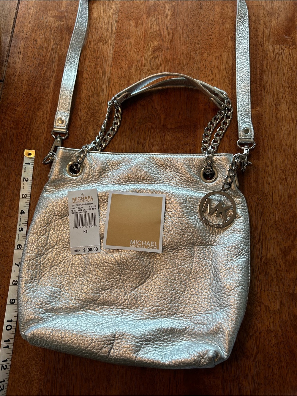MICHAEL Michael Kors Metallic Silver Leather Chain-Handle Shoulder Bag